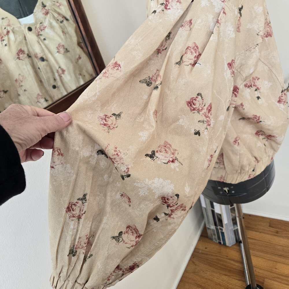 Free People Beige Floral Bomber Jacket with Pink Roses - Picture 2 of 6